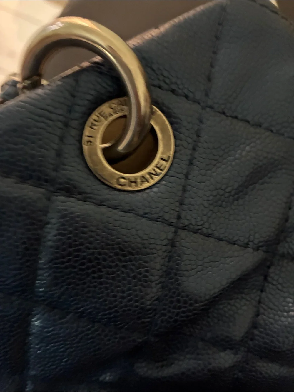 CHANEL Quilted Navy Leather Shoulder Bag with silver CC Charm